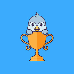 Cute bird with gold trophy. Animal cartoon concept isolated. Can used for t-shirt, greeting card, invitation card or mascot. Flat Cartoon Style