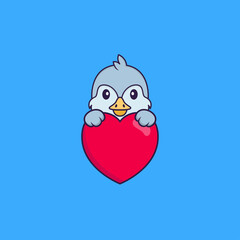 Cute bird holding a big red heart. Animal cartoon concept isolated. Can used for t-shirt, greeting card, invitation card or mascot. Flat Cartoon Style