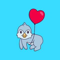 Cute bird flying with love shaped balloons. Animal cartoon concept isolated. Can used for t-shirt, greeting card, invitation card or mascot. Flat Cartoon Style