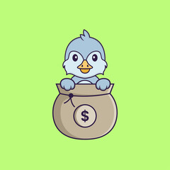 Cute bird playing in money bag. Animal cartoon concept isolated. Can used for t-shirt, greeting card, invitation card or mascot. Flat Cartoon Style