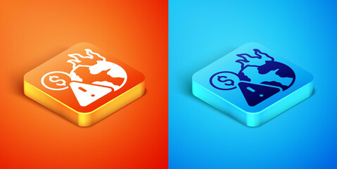 Isometric Global economic crisis icon isolated on orange and blue background. World finance crisis. Vector