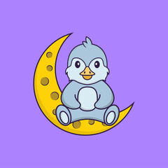 Cute bird is sitting on the moon. Animal cartoon concept isolated. Can used for t-shirt, greeting card, invitation card or mascot. Flat Cartoon Style