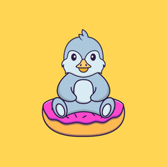 Cute bird is sitting on donuts. Animal cartoon concept isolated. Can used for t-shirt, greeting card, invitation card or mascot. Flat Cartoon Style
