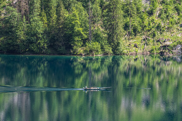 Obersee Lake behind the Watzmann massif, Salet at Koenigssee, Berchtesgaden National Park, Bavaria, Germany, Europe
