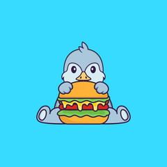Cute bird eating burger. Animal cartoon concept isolated. Can used for t-shirt, greeting card, invitation card or mascot. Flat Cartoon Style