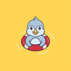 Cute bird is Swimming with a buoy. Animal cartoon concept isolated. Can used for t-shirt, greeting card, invitation card or mascot. Flat Cartoon Style
