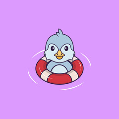 Cute bird is Swimming with a buoy. Animal cartoon concept isolated. Can used for t-shirt, greeting card, invitation card or mascot. Flat Cartoon Style