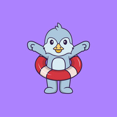 Cute bird using a float. Animal cartoon concept isolated. Can used for t-shirt, greeting card, invitation card or mascot. Flat Cartoon Style