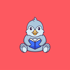 Cute bird reading a book. Animal cartoon concept isolated. Can used for t-shirt, greeting card, invitation card or mascot. Flat Cartoon Style