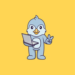 Cute bird holding laptop. Animal cartoon concept isolated. Can used for t-shirt, greeting card, invitation card or mascot. Flat Cartoon Style
