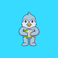 Cute bird holding a map. Animal cartoon concept isolated. Can used for t-shirt, greeting card, invitation card or mascot. Flat Cartoon Style