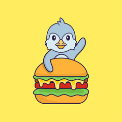 Cute bird eating burger. Animal cartoon concept isolated. Can used for t-shirt, greeting card, invitation card or mascot. Flat Cartoon Style