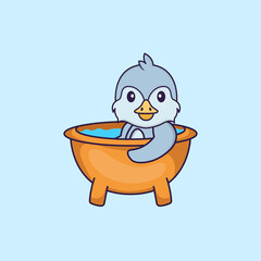 Cute bird taking a bath in the bathtub. Animal cartoon concept isolated. Can used for t-shirt, greeting card, invitation card or mascot. Flat Cartoon Style