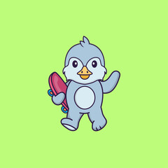Cute bird holding a skateboard. Animal cartoon concept isolated. Can used for t-shirt, greeting card, invitation card or mascot. Flat Cartoon Style