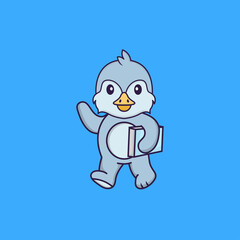 Cute bird holding a book. Animal cartoon concept isolated. Can used for t-shirt, greeting card, invitation card or mascot. Flat Cartoon Style