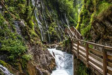 Beautiful Wimbachklamm gorge with wooden path at Ramsau bei Berchtesgaden in Germany