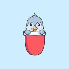Cute bird in red pocket. Animal cartoon concept isolated. Can used for t-shirt, greeting card, invitation card or mascot. Flat Cartoon Style