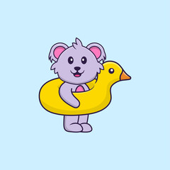 Cute koala With Duck buoy. Animal cartoon concept isolated. Can used for t-shirt, greeting card, invitation card or mascot. Flat Cartoon Style