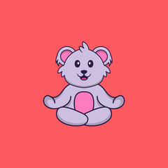 Cute koala is meditating or doing yoga. Animal cartoon concept isolated. Can used for t-shirt, greeting card, invitation card or mascot. Flat Cartoon Style