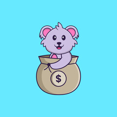 Cute koala in a money bag. Animal cartoon concept isolated. Can used for t-shirt, greeting card, invitation card or mascot. Flat Cartoon Style