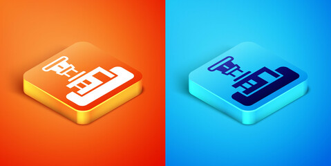 Isometric Airport control tower icon isolated on orange and blue background. Vector