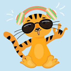 Cool cartoon tiger wearing headphones and glasses shows thumbs up. Funny tiger is a symbol of 2022. Expressive emotions of wild pets. Isolated vector illustrations for postcards, calendars, print, web
