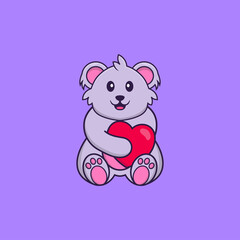 Cute koala holding a big red heart. Animal cartoon concept isolated. Can used for t-shirt, greeting card, invitation card or mascot. Flat Cartoon Style