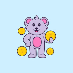Cute koala holding coin. Animal cartoon concept isolated. Can used for t-shirt, greeting card, invitation card or mascot. Flat Cartoon Style