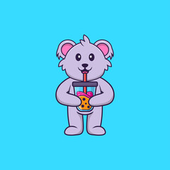 Cute koala Drinking Boba milk tea. Animal cartoon concept isolated. Can used for t-shirt, greeting card, invitation card or mascot. Flat Cartoon Style