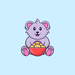 Cute koala eating ramen noodles. Animal cartoon concept isolated. Can used for t-shirt, greeting card, invitation card or mascot. Flat Cartoon Style