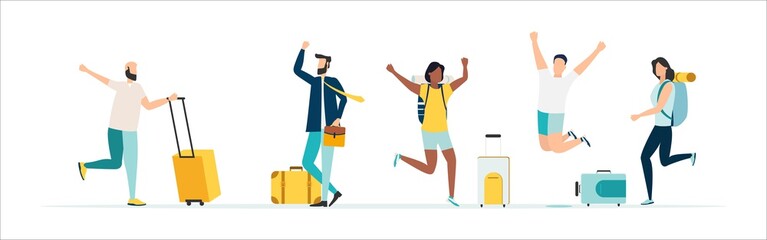 Travel. People at the airport fly on a journey. Summer rest. Happy inviting people. Vacation with friends. Vector illustration.