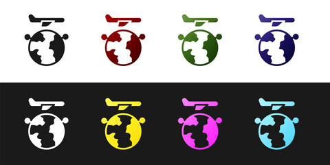 Set Globe with flying plane icon isolated on black and white background. Airplane fly around the planet earth. Aircraft world icon. Vector