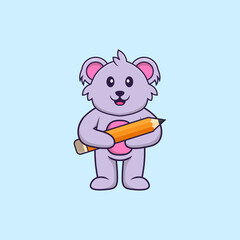 Cute koala holding a pencil. Animal cartoon concept isolated. Can used for t-shirt, greeting card, invitation card or mascot. Flat Cartoon Style