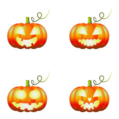 halloween, four pumpkins with a sinister smile and different facial expressions and eyes on a white background