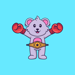 Cute koala in boxer costume with champion belt. Animal cartoon concept isolated. Can used for t-shirt, greeting card, invitation card or mascot. Flat Cartoon Style