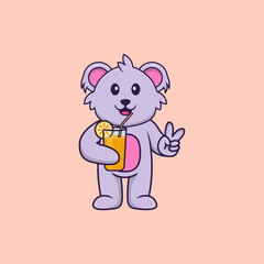 Cute koala holding orange juice in glass. Animal cartoon concept isolated. Can used for t-shirt, greeting card, invitation card or mascot. Flat Cartoon Style