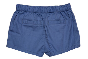 Summer shorts isolated. Closeup of an stylish fashionable blue short pant for the little girl isolated on a white background. Sexy kids fashion. Back view.