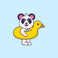 Cute Panda With Duck buoy. Animal cartoon concept isolated. Can used for t-shirt, greeting card, invitation card or mascot. Flat Cartoon Style