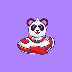 Cute Panda flying on a plane. Animal cartoon concept isolated. Can used for t-shirt, greeting card, invitation card or mascot. Flat Cartoon Style
