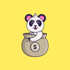 Cute Panda in a money bag. Animal cartoon concept isolated. Can used for t-shirt, greeting card, invitation card or mascot. Flat Cartoon Style
