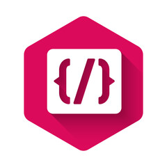 White Programming language syntax icon isolated with long shadow background. Syntax programming file system. Pink hexagon button. Vector