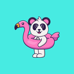 Cute Panda With flamingo buoy. Animal cartoon concept isolated. Can used for t-shirt, greeting card, invitation card or mascot. Flat Cartoon Style