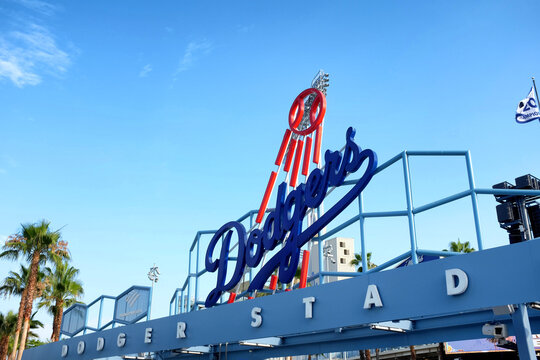 LOS ANGELES, CALIFORNIA, 29 JUNE 2021:  Dodger Stadium. Closeup of the baseballs teams logo at the Centerfield entrance.