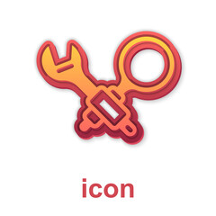 Gold Debugging icon isolated on white background. Debugging tool. Magnifying glass on bug programming. Testing and setting software. Vector