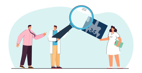 Doctor and patient examining X-ray flat vector illustration. Therapist in medical overall holding magnifier. Hospital, human body, radiology concept for banner, website design or landing web page