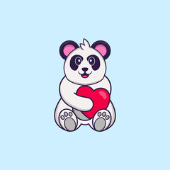 Cute Panda holding a big red heart. Animal cartoon concept isolated. Can used for t-shirt, greeting card, invitation card or mascot. Flat Cartoon Style