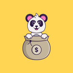 Cute Panda playing in money bag. Animal cartoon concept isolated. Can used for t-shirt, greeting card, invitation card or mascot. Flat Cartoon Style