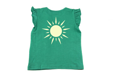 Kids shirt isolated. A fashionable for little girls colourful green sleeveless t-shirt with a print...
