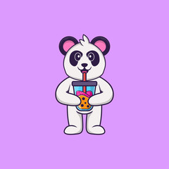 Cute Panda Drinking Boba milk tea. Animal cartoon concept isolated. Can used for t-shirt, greeting card, invitation card or mascot. Flat Cartoon Style