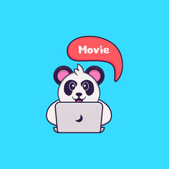 Cute Panda is watching a movie. Animal cartoon concept isolated. Can used for t-shirt, greeting card, invitation card or mascot. Flat Cartoon Style